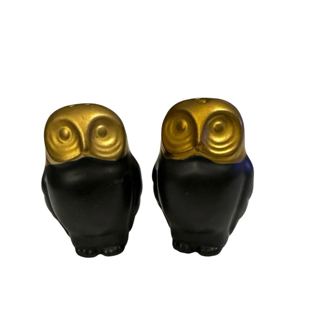 Target 2013 Black Gold Owl Salt & Pepper Shakers Porcelain Kitchen Decor Set